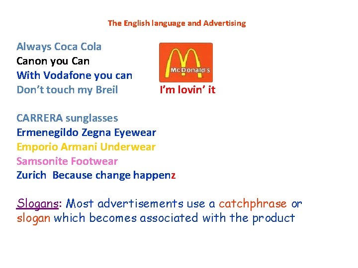 The English language and Advertising Always Coca Cola Canon you Can With Vodafone you