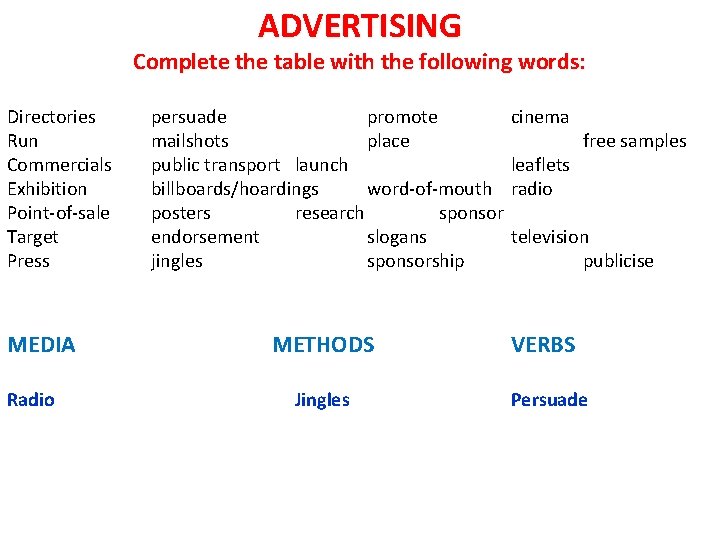 ADVERTISING Complete the table with the following words: Directories Run Commercials Exhibition Point-of-sale Target