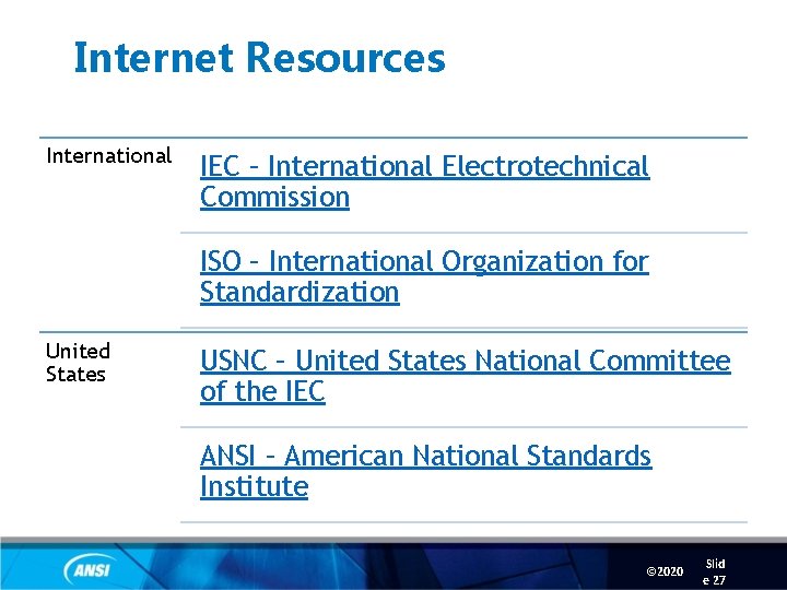 Internet Resources International IEC – International Electrotechnical Commission ISO – International Organization for Standardization
