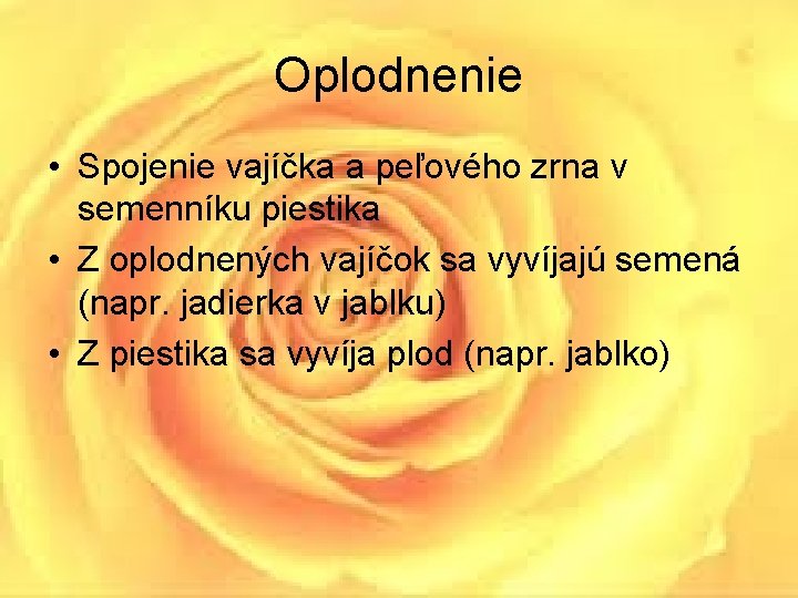 Oplodnenie • Spojenie vajíčka a peľového zrna v semenníku piestika • Z oplodnených vajíčok