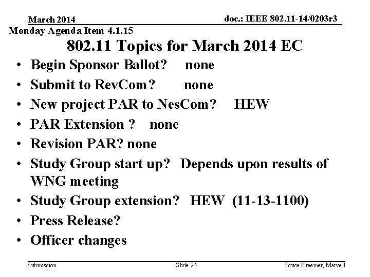 doc. : IEEE 802. 11 -14/0203 r 3 March 2014 Monday Agenda Item 4.