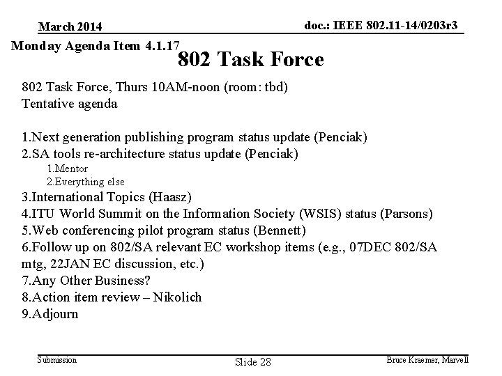 doc. : IEEE 802. 11 -14/0203 r 3 March 2014 Monday Agenda Item 4.