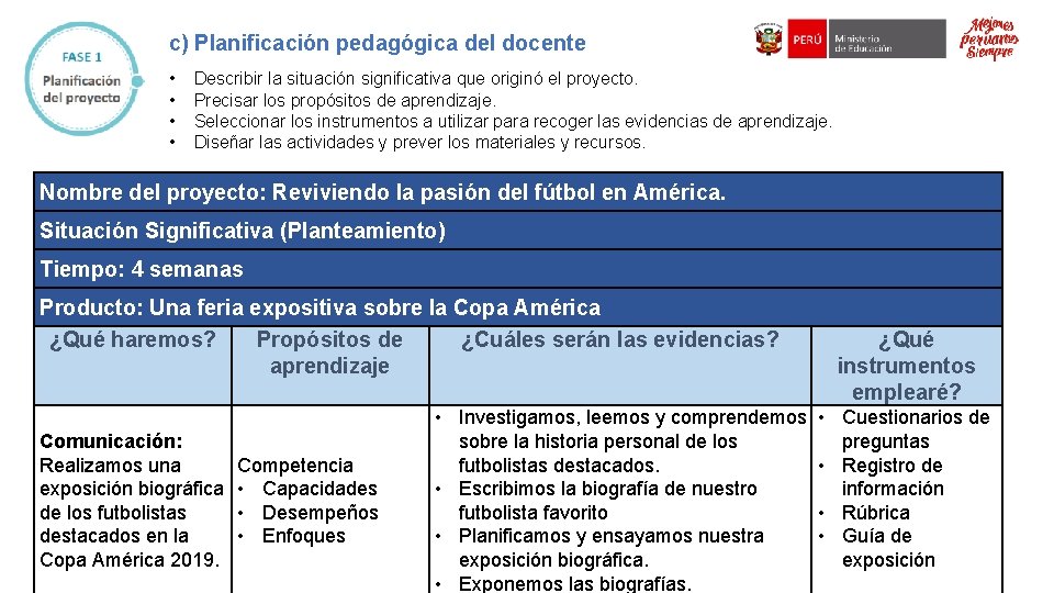 c) Planificación pedagógica del docente • • Describir la situación significativa que originó el