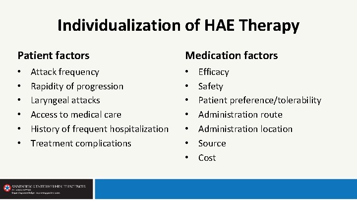 Individualization of HAE Therapy Patient factors • • • Attack frequency Rapidity of progression