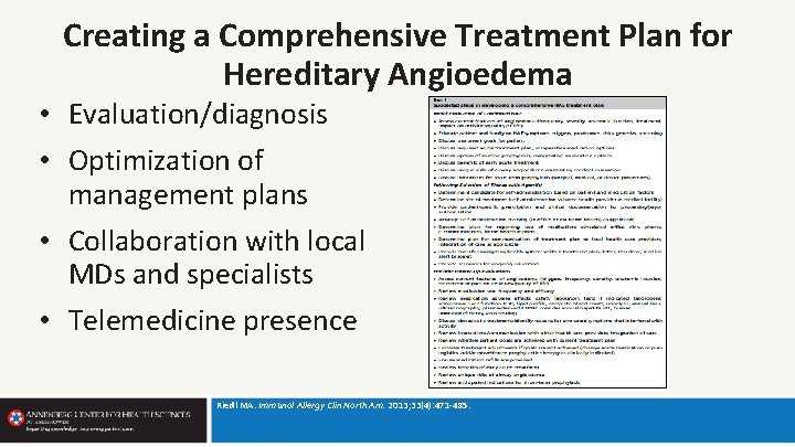 Creating a Comprehensive Treatment Plan for Hereditary Angioedema • Evaluation/diagnosis • Optimization of management