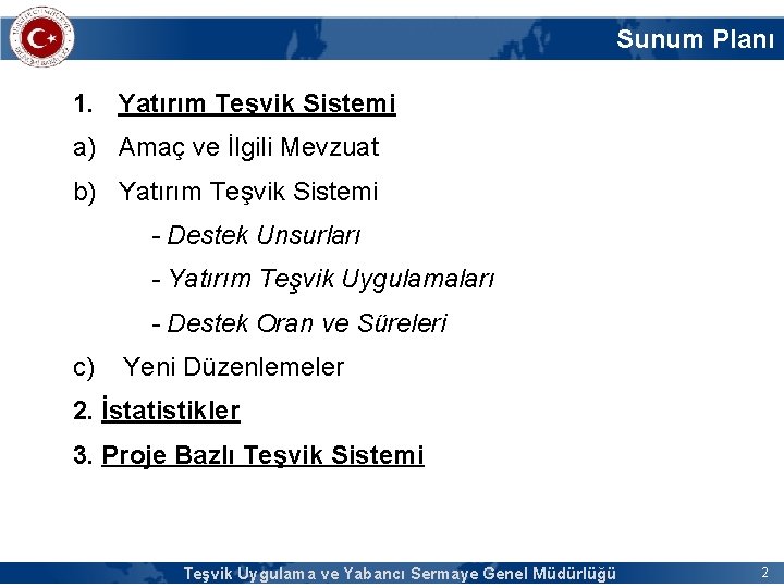 Sunum Planı 1. Yatırım Teşvik Sistemi a) Amaç ve İlgili Mevzuat b) Yatırım Teşvik