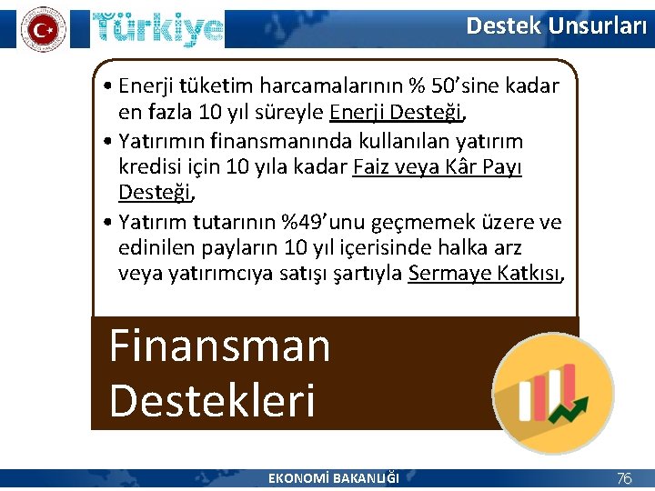 Destek Unsurları • Enerji tüketim harcamalarının % 50’sine kadar en fazla 10 yıl süreyle