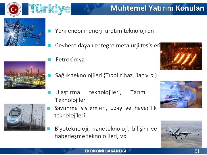 Muhtemel Yatırım Konuları n Yenilenebilir enerji üretim teknolojileri n Cevhere dayalı entegre metalürji tesisleri