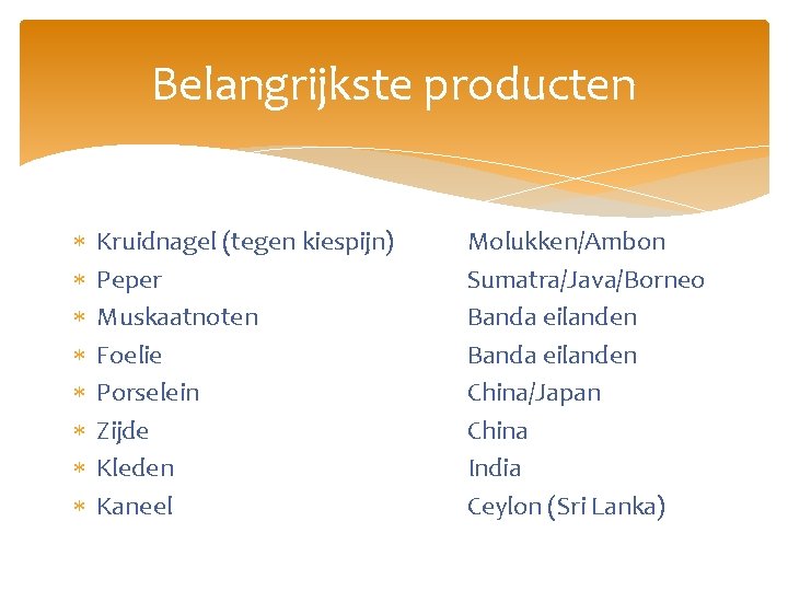 Belangrijkste producten Kruidnagel (tegen kiespijn) Peper Muskaatnoten Foelie Porselein Zijde Kleden Kaneel Molukken/Ambon Sumatra/Java/Borneo
