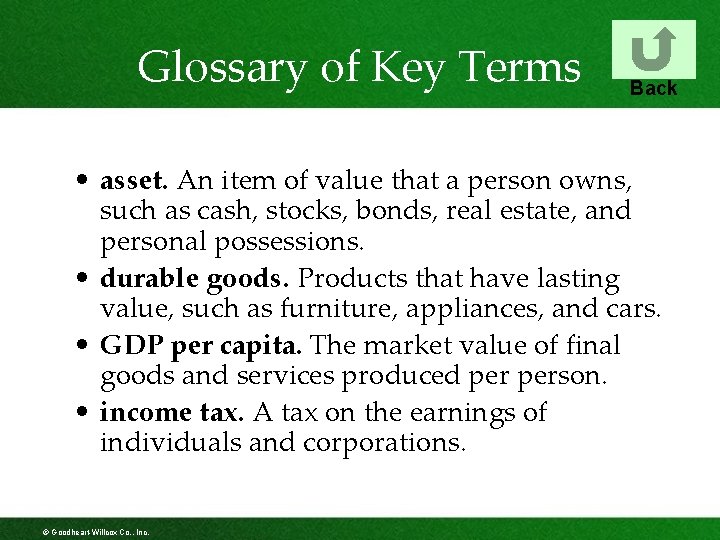 Glossary of Key Terms Back • asset. An item of value that a person