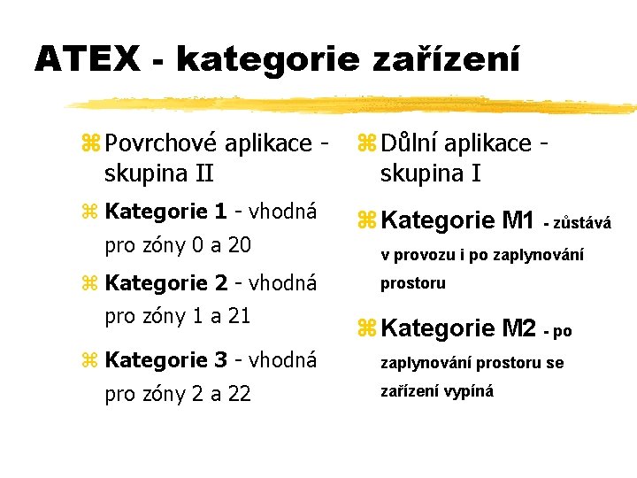 ATEX - kategorie zařízení z Povrchové aplikace skupina II z Důlní aplikace skupina I