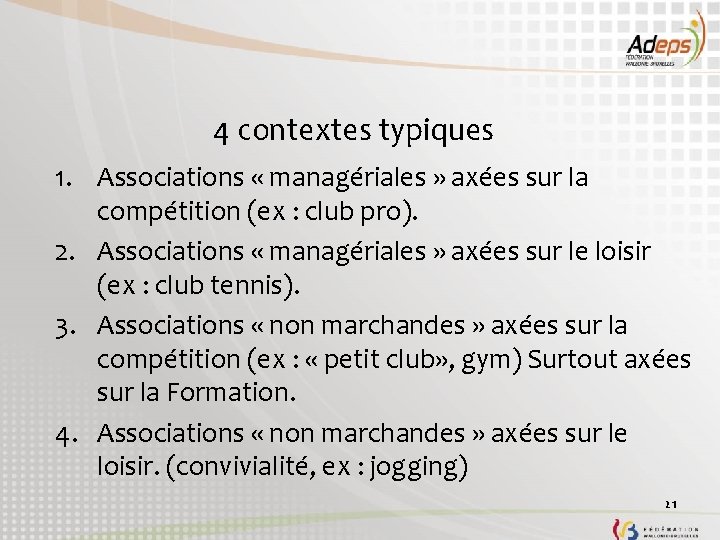 4 contextes typiques 1. Associations « managériales » axées sur la compétition (ex :