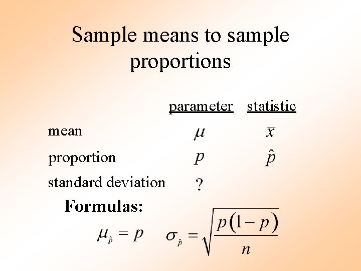 Sample means to sample proportions parameter statistic mean proportion standard deviation Formulas: 