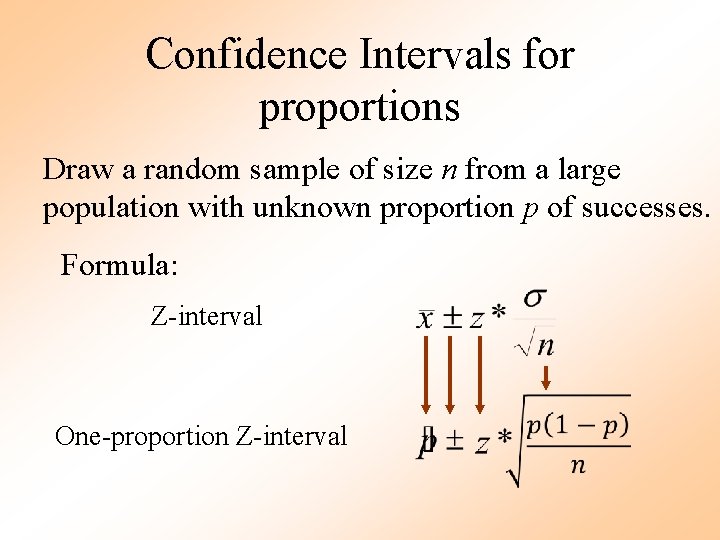 Confidence Intervals for proportions Draw a random sample of size n from a large