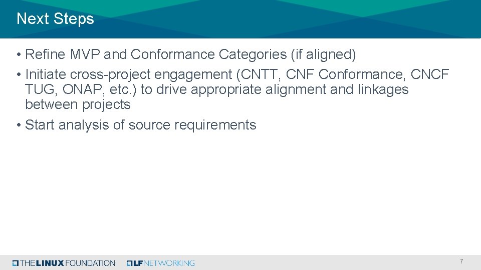 Next Steps • Refine MVP and Conformance Categories (if aligned) • Initiate cross-project engagement