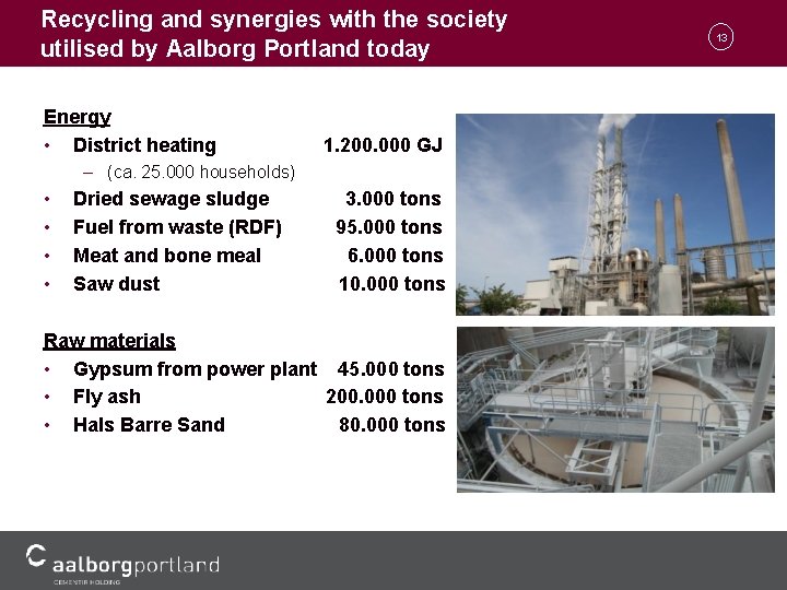 Recycling and synergies with the society utilised by Aalborg Portland today Energy • District