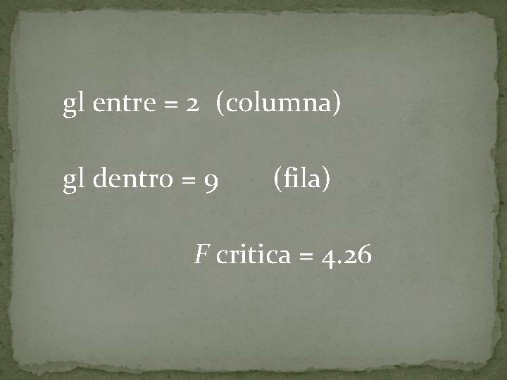 gl entre = 2 (columna) gl dentro = 9 (fila) F critica = 4.