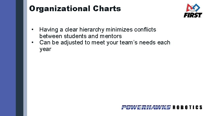 Organizational Charts • Having a clear hierarchy minimizes conflicts between students and mentors •