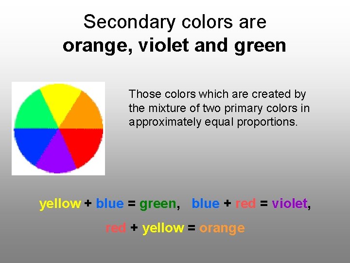 Secondary colors are orange, violet and green Those colors which are created by the