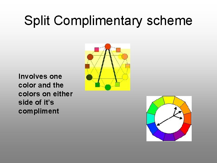 Split Complimentary scheme Involves one color and the colors on either side of it’s