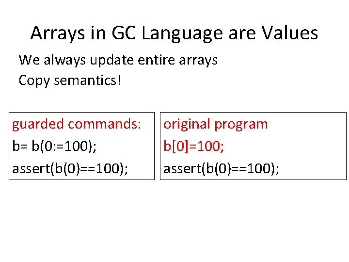 Arrays in GC Language are Values We always update entire arrays Copy semantics! guarded