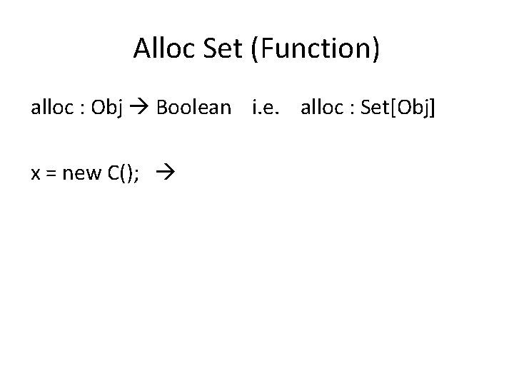 Alloc Set (Function) alloc : Obj Boolean i. e. alloc : Set[Obj] x =