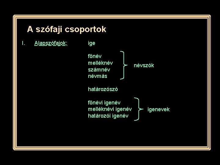 A szófaji csoportok I. Alapszófajok: ige főnév melléknév számnév névmás névszók határozószó főnévi igenév