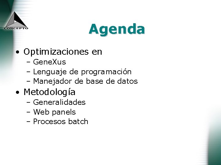 Agenda • Optimizaciones en – Gene. Xus – Lenguaje de programación – Manejador de