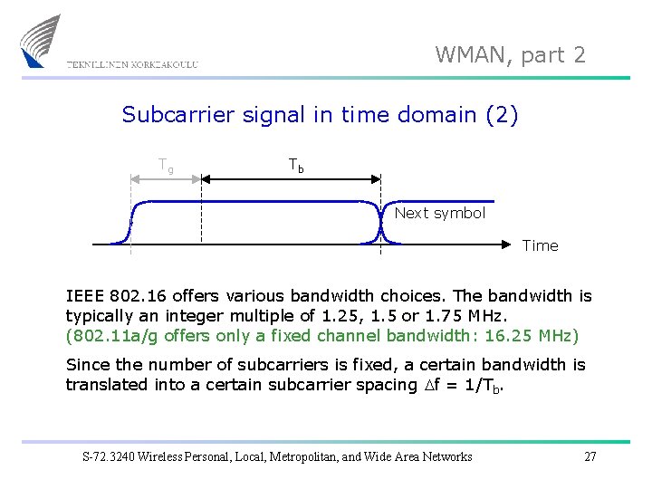 WMAN, part 2 Subcarrier signal in time domain (2) Tg Tb Next symbol Time