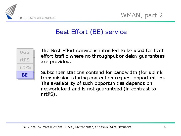 WMAN, part 2 Best Effort (BE) service UGS rt. PS nrt. PS BE The WMAN, part 2 Best Effort (BE) service UGS rt. PS nrt. PS BE The