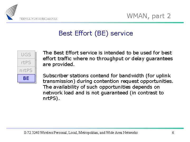 WMAN, part 2 Best Effort (BE) service UGS rt. PS nrt. PS BE The
