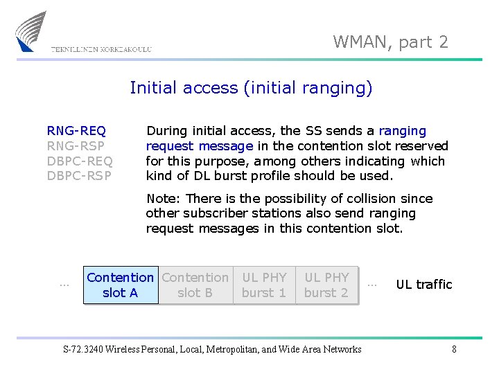 WMAN, part 2 Initial access (initial ranging) RNG-REQ RNG-RSP DBPC-REQ DBPC-RSP During initial access,