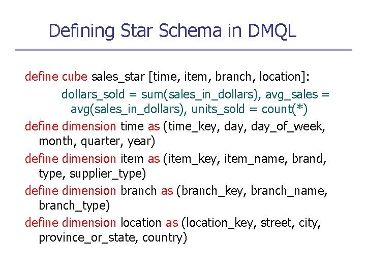 Defining Star Schema in DMQL define cube sales_star [time, item, branch, location]: dollars_sold =