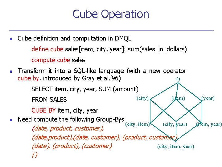 Cube Operation n Cube definition and computation in DMQL define cube sales[item, city, year]: