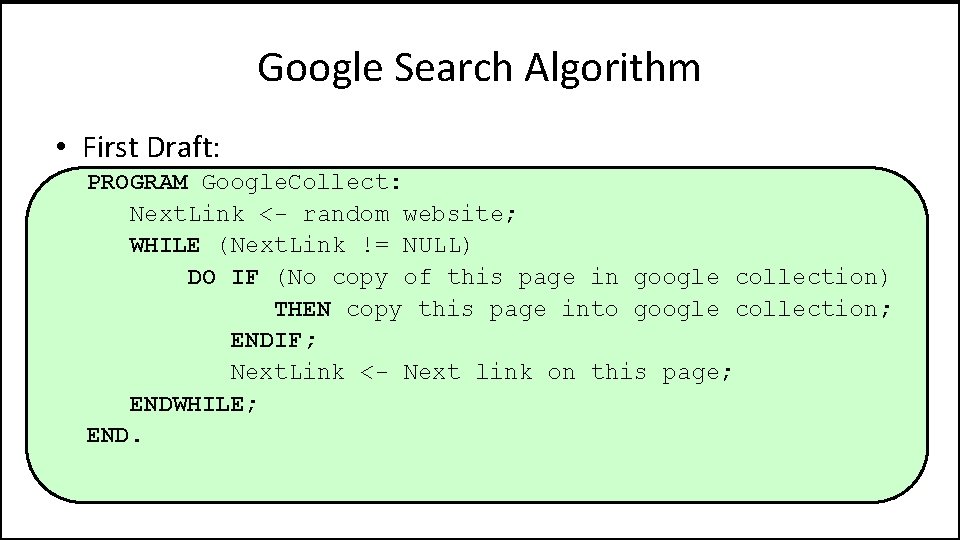 Google Search Algorithm • First Draft: PROGRAM Google. Collect: Next. Link <- random website;