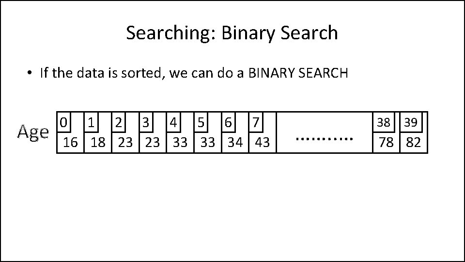 Searching: Binary Search • If the data is sorted, we can do a BINARY