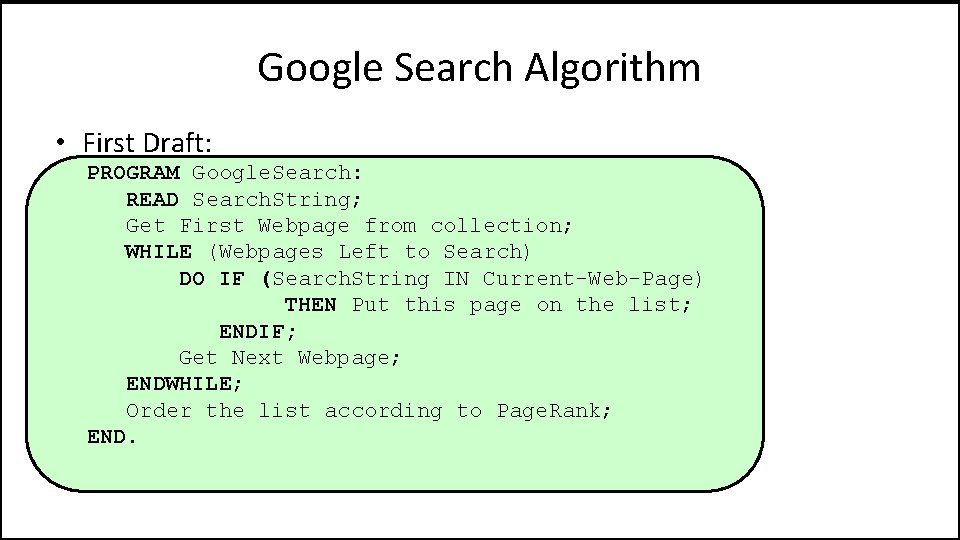 Google Search Algorithm • First Draft: PROGRAM Google. Search: READ Search. String; Get First