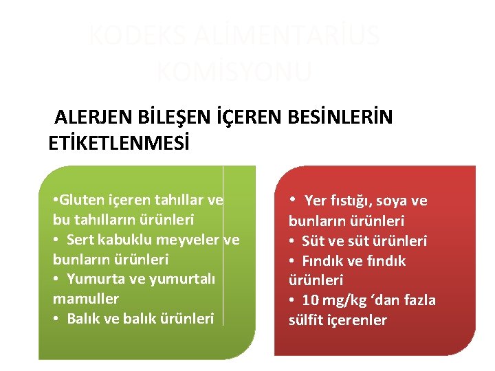 KODEKS ALİMENTARİUS KOMİSYONU ALERJEN BİLEŞEN İÇEREN BESİNLERİN ETİKETLENMESİ • Gluten içeren tahıllar ve bu