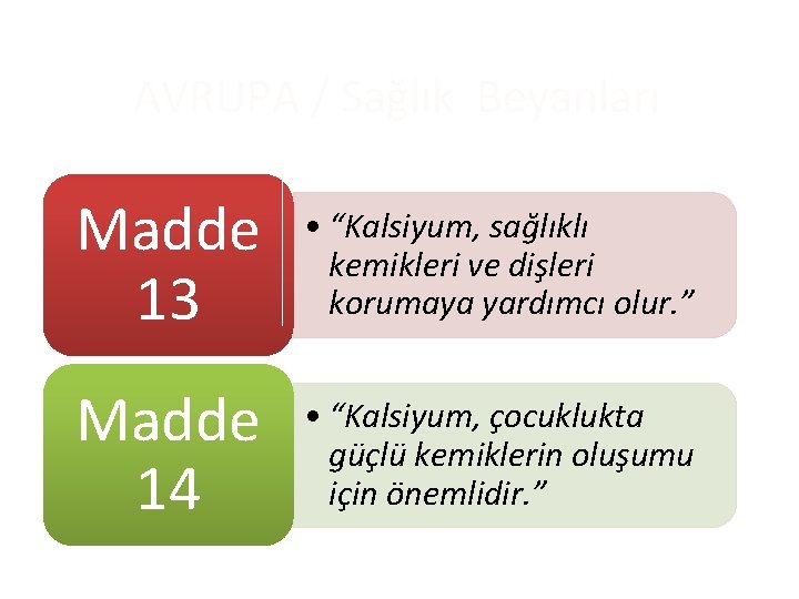 AVRUPA / Sağlık Beyanları Madde 13 • “Kalsiyum, sağlıklı kemikleri ve dişleri korumaya yardımcı