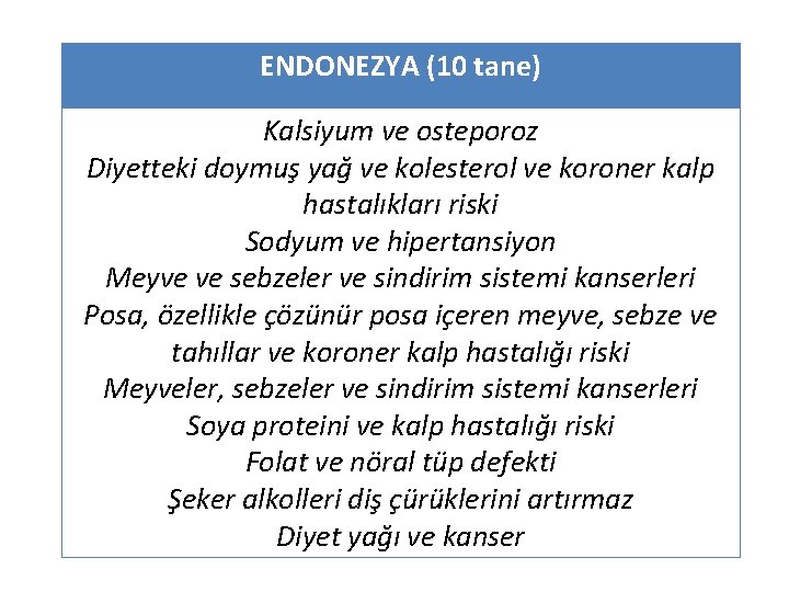 ENDONEZYA (10 tane) Kalsiyum ve osteporoz Diyetteki doymuş yağ ve kolesterol ve koroner kalp