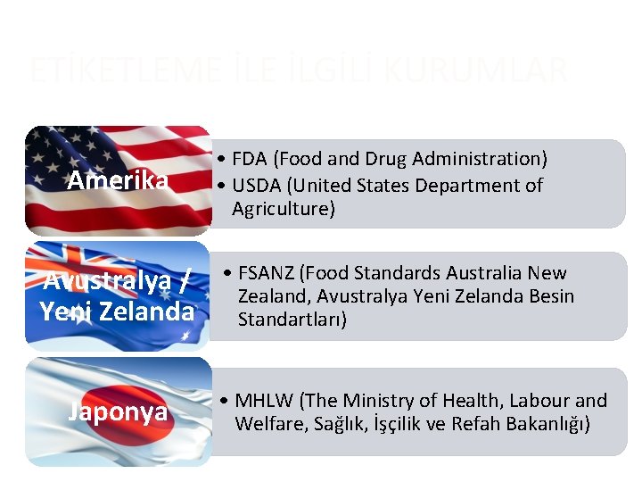 ETİKETLEME İLGİLİ KURUMLAR Amerika Avustralya / Yeni Zelanda Japonya • FDA (Food and Drug