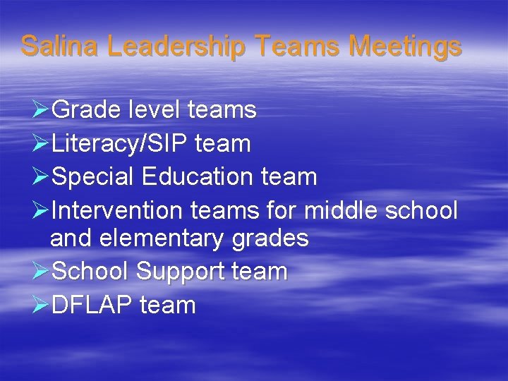 Salina Leadership Teams Meetings ØGrade level teams ØLiteracy/SIP team ØSpecial Education team ØIntervention teams
