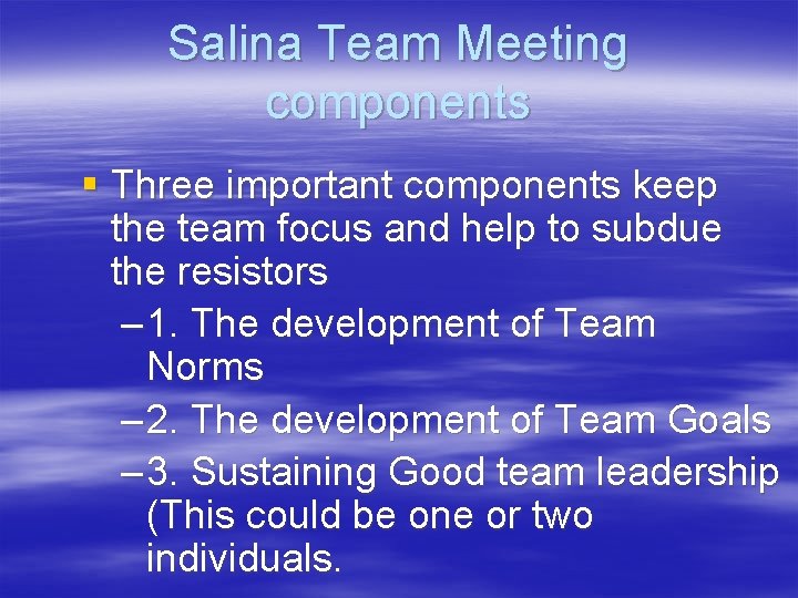 Salina Team Meeting components § Three important components keep the team focus and help