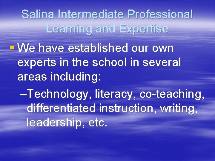 Salina Intermediate Professional Learning and Expertise § We have established our own experts in