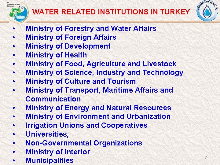 WATER RELATED INSTITUTIONS IN TURKEY • • • • Ministry of Forestry and Water