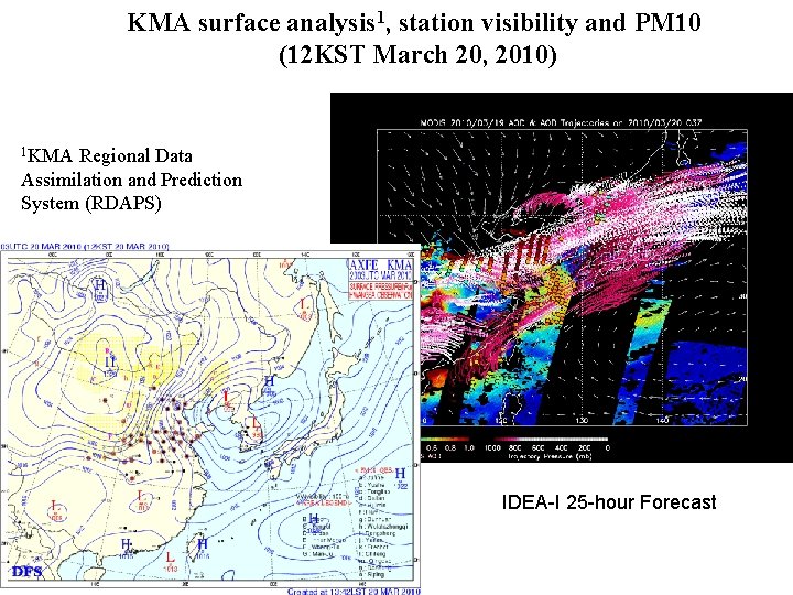 KMA surface analysis 1, station visibility and PM 10 (12 KST March 20, 2010)