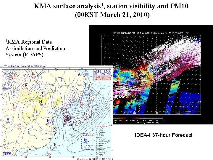 KMA surface analysis 1, station visibility and PM 10 (00 KST March 21, 2010)