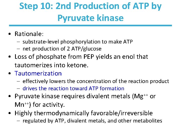 Step 10: 2 nd Production of ATP by Pyruvate kinase • Rationale: – substrate-level