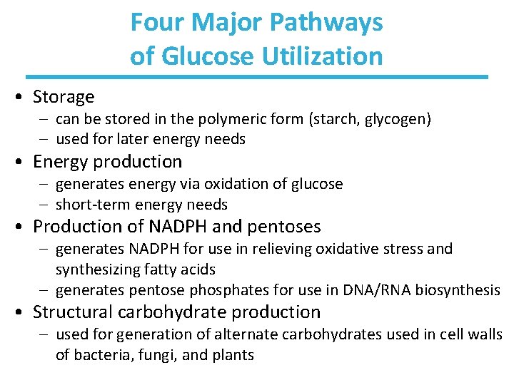 Four Major Pathways of Glucose Utilization • Storage – can be stored in the