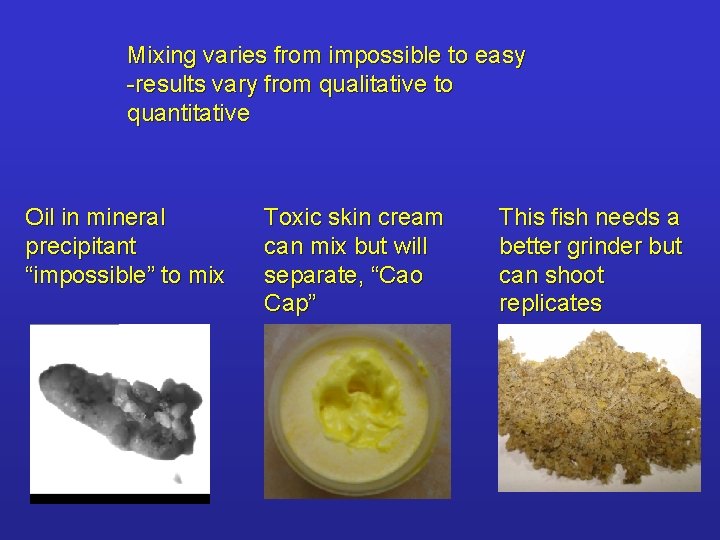 Mixing varies from impossible to easy -results vary from qualitative to quantitative Oil in